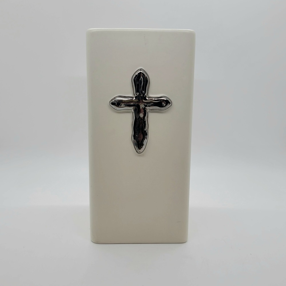 FTD Ceramic Cross Vase Cream Rectangular Religious Memorial Decor Silver Emblem
